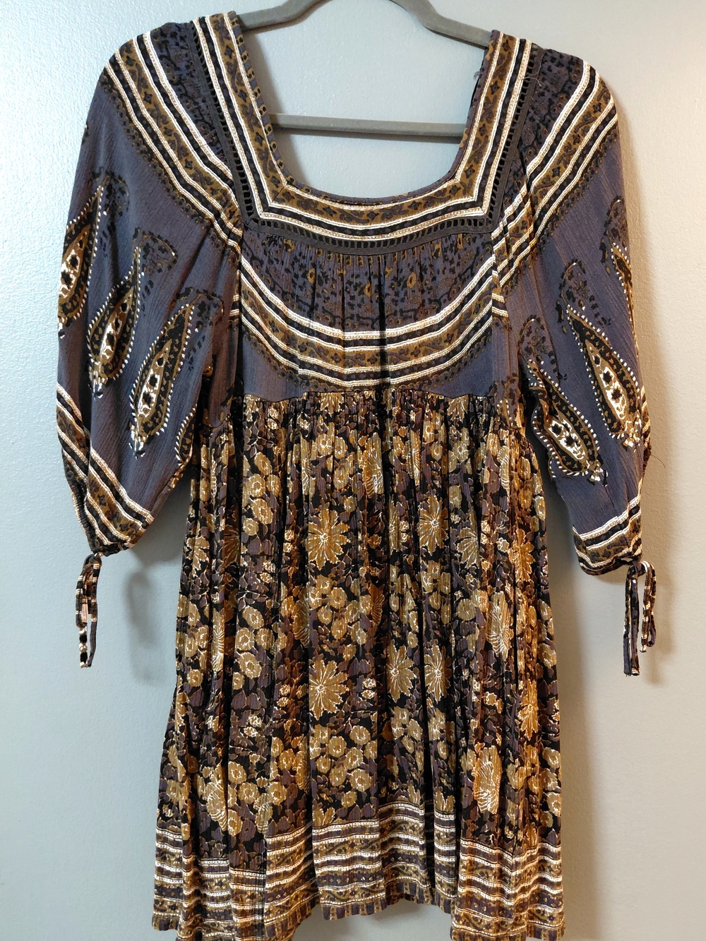Free People Bohemian Floral Square-Neck Dress in Black and Gold